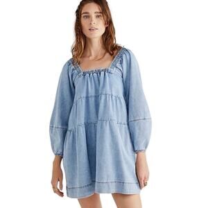 Free People Denim Babydoll Dress Women XS Light Blue Square Neck Balloon Sleeves